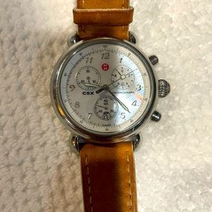 Michele watch CRX w vachetta double wrap leather band and silver link band..